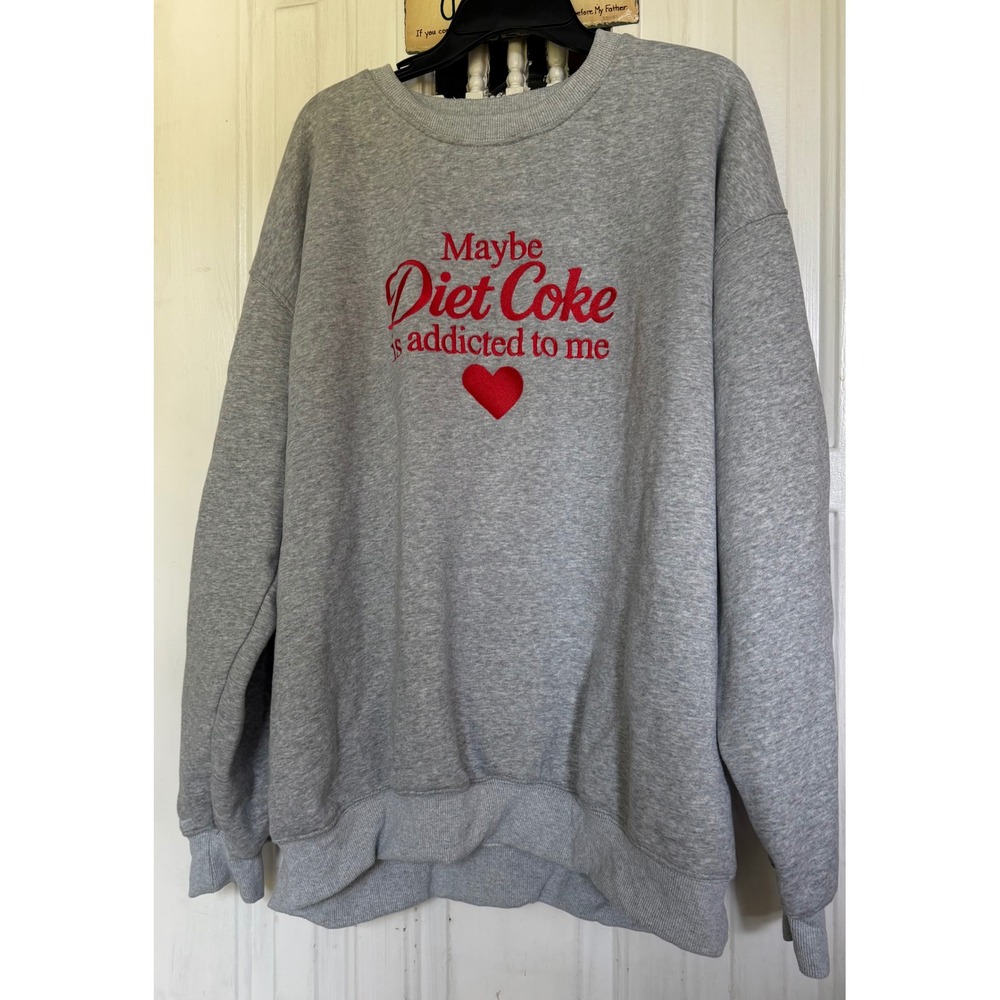 Diet Coke Addicted To Me Embroidered Sweatshirt Gray Heart Graphic Pullover 2X